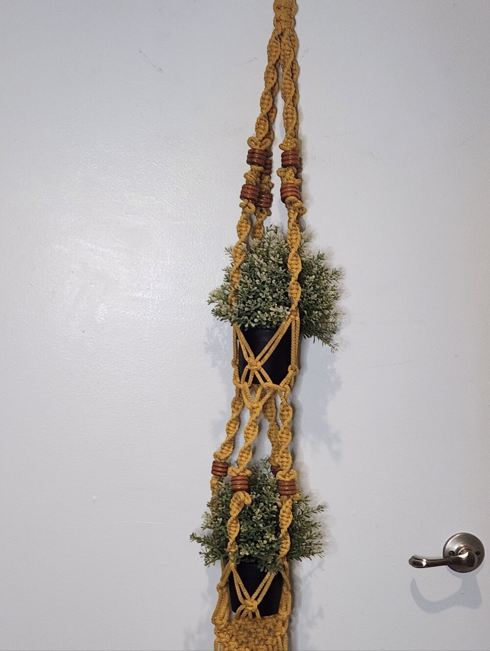 Retro Macramae Two-Tier Yellow Plant Hanger 45" Beads Somoto Plant Holder Mcm